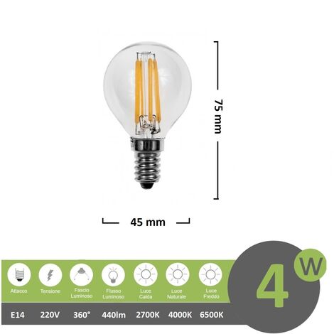 Lampadina led filamento G45 4w bulbo attacco E14 trasparente luce calda fredda bianca naturale  Calda