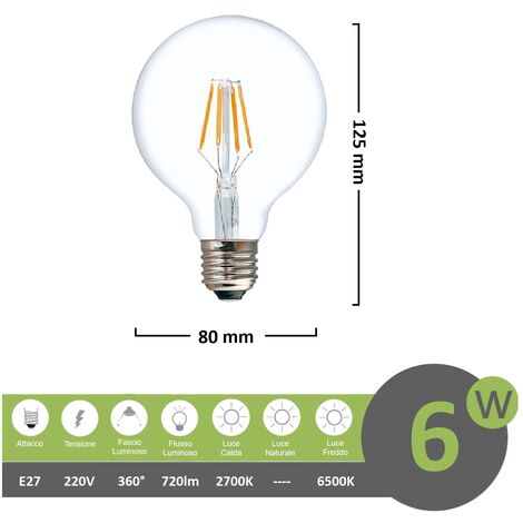 Lampadina led filamento G80 6w E27 globo sfera palla trasparente luce calda 2700k fredda bianca 6500k  fredda bianca 6500k
