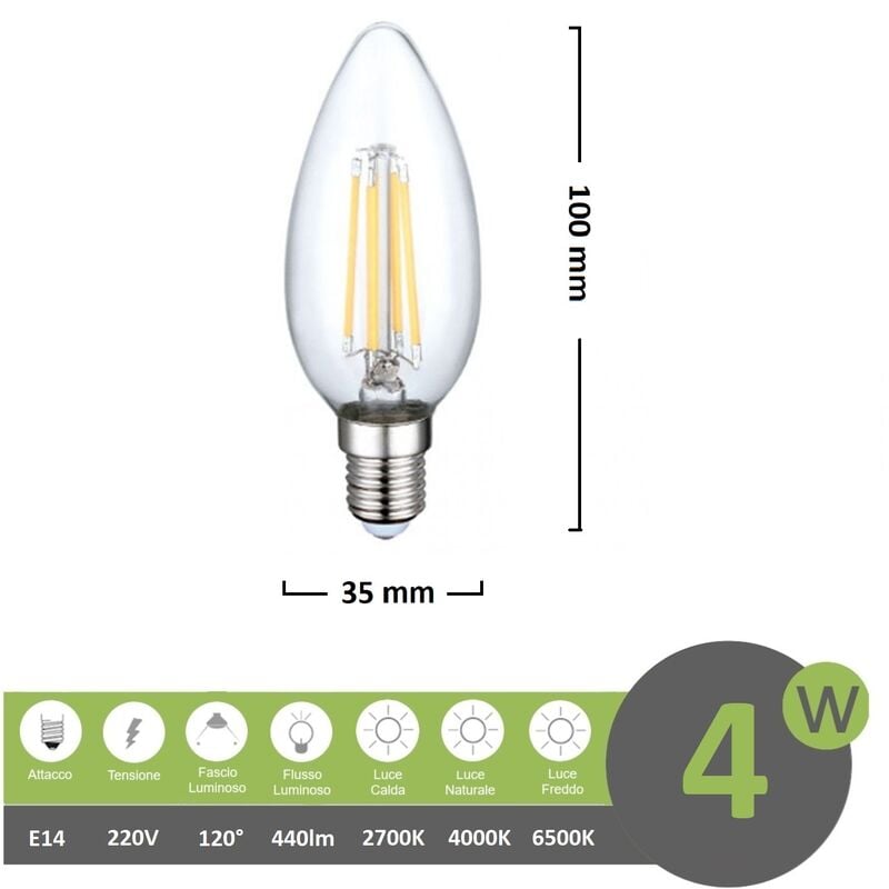 Image of Mille Lucciole - Lampadina led filamento oliva 4w attacco piccolo E14 trasparente luce calda fredda bianca a basso consumo Bianco freddo