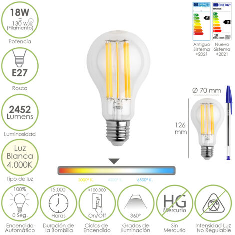 Lampadina led filamento standard e27. 18 watt. equivalente a 130 watt. 2462 lumen. luce neutra 4000º k.