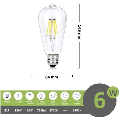 Lampadina led filamento vintage 6w attacco grande E27 trasparente luce calda fredda bianca a basso consumo  Luce Fredda