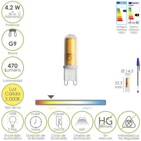 Lampadina led g9. 4,2 watt. equivalente a 15 watt. 470 lumen. luce calda (3000º k).