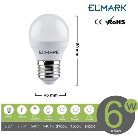 Lampadina led globo G45 E27 6w attacco grande sfera bianco basso consumo luce fredda naturale calda  Bianco freddo