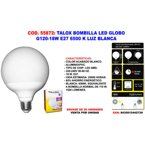 Lampadina LED globo TALOX G120 E27 18W 6500K luce bianca