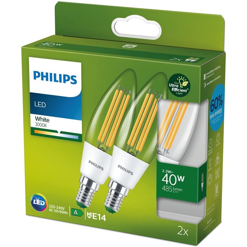 Image of Philips - led Lampadina Classe a Ultra Efficiente a Risparmio Energetico, 40W, 2 Pezzi, Luce Naturale, Attacco E14