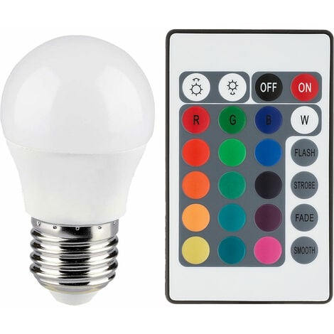 Lampadina LED RGB E27 dimmerabile con telecomando sfera con cambio colore, 4,8 watt 470 lumen bianco caldo, PxH 4,5x8 cm, V-Tac 3028