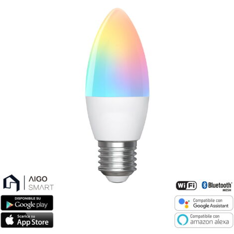 Lampadina Led Smart C37 E27 4,9W Bluetooth Mesh RGB CCT luce regolabile e dimmerabile Aigostar