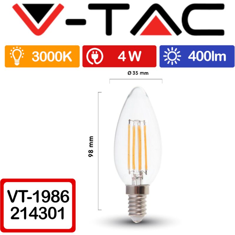 Vt 1986 Lampadina Led E14 4w Candela Filamento Bianco Caldo 3000k V...