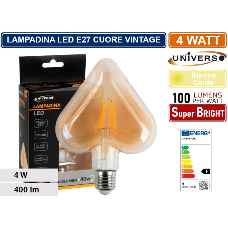 Image of Lampadina led vintage a forma di cuore E27 4W filamento vetro ambrato luce calda 2500K pub taverne