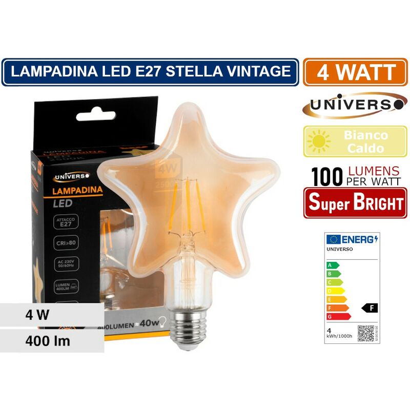 Image of Lampadina led vintage a forma di stella E27 4W vetro ambrato filamento luce calda 2500K pub taverne