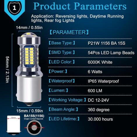 Lampadine a LED P21w 1156 Ba15s 12V 24V, 60SMD bianco super luminoso 6000K, per auto, camper, camion, luci di marcia diurna DRL, luci di retromarcia, luci fendinebbia posteriori. (Set di 2)