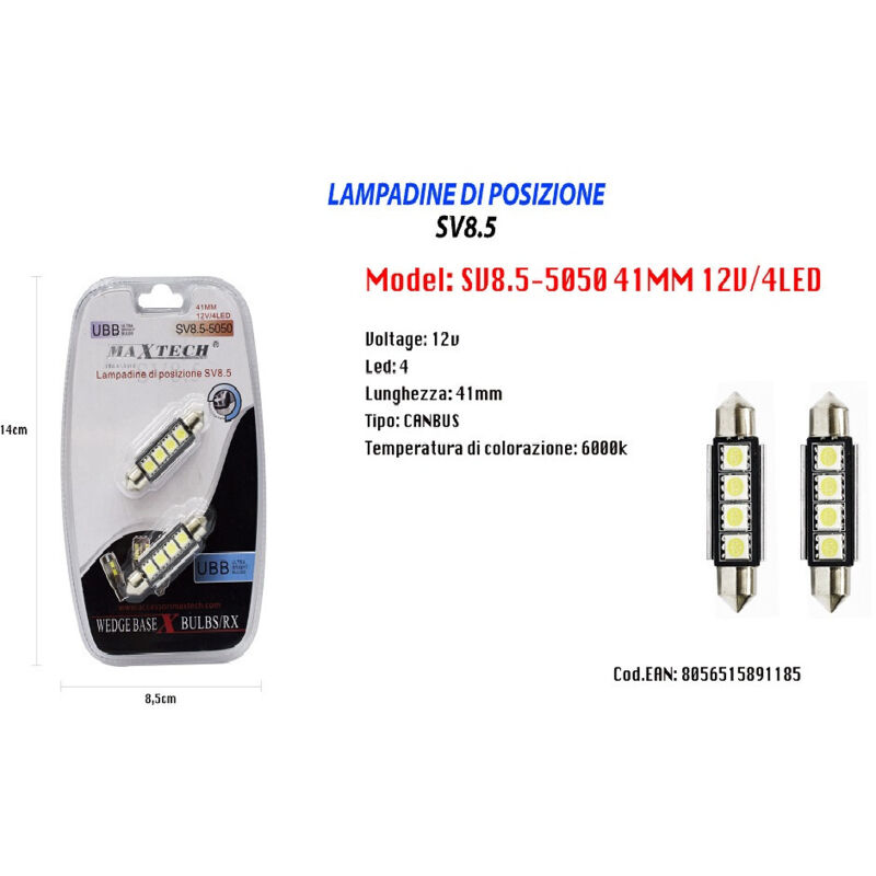 MaxTech - Lampadine Di Posizione Lampadine Ultra Luminose Maxtech Sv8.5-5050 12v 4led 41mm -