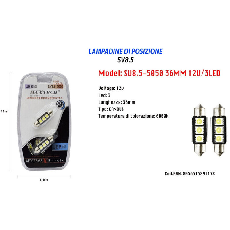 MaxTech - Lampadine Di Posizione Maxtech Sv8.5-5050 12v 3led 36mm Lampadine Ultra Luminose -