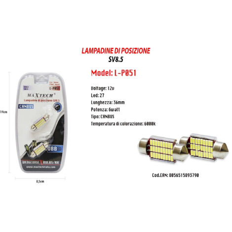 Lampadine Di Posizione Sv8.5 12v 27 Led 36 Mm 6 Watt Canbus 6000k Maxtech L-p051