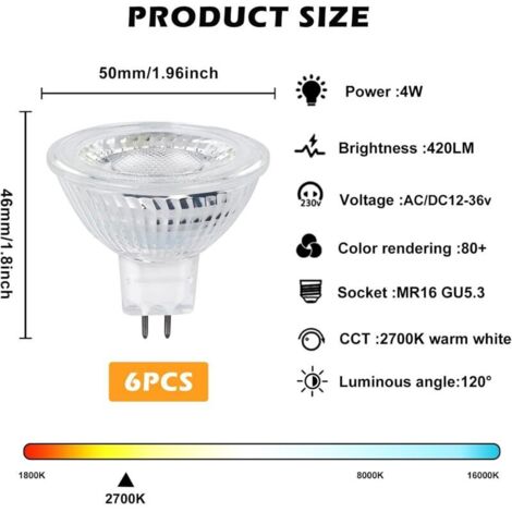 Lampadine LED GU5.3 MR16 12V, 5W equivalenti a lampade alogene da 40W, luce bianca calda 2700K, 350LM, faretti LED 12V, riflettore a fascio ampio 120°, non dimmerabili, confezione da 6 [Classe energet