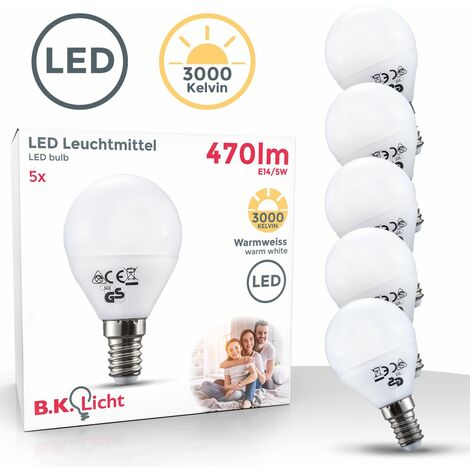 Lampadine LED luce calda con attacco E14 (piccolo), 5W equivalenti a 40 W, 470 Lumen, set di 5, luce a sfera per plafoniere e lampade, per illuminazione da interno, luce calda 3000K