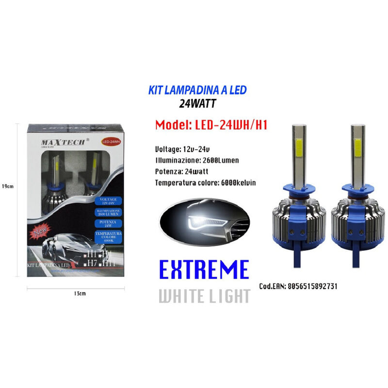 MaxTech - Lampadine Led Per Auto H1 24w 12v 24v Coppia Lampade Ricambio Maxtech Led-24wh/h1 -