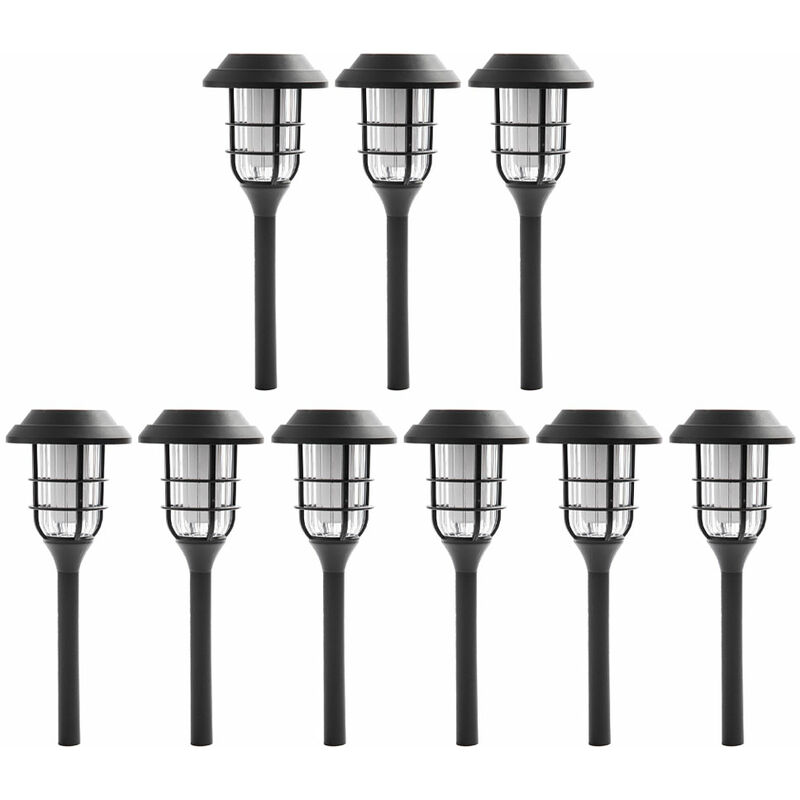 Image of Lampade solari decorazione da giardino per esterni picchetto luci patio lanterna effetto fiamma, plastica nera, batteria 6-8h, LED bianco caldo, DxH