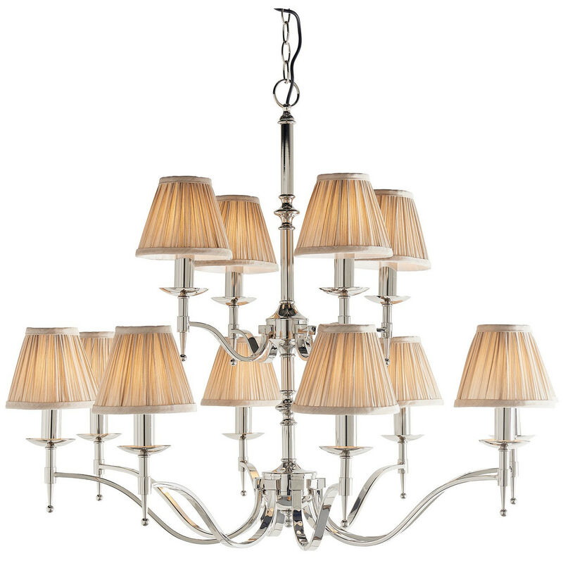 

Interiors Stanford Nickel - Lámpara de araña de 12 luces con varios brazos, acabado en chapa de níquel pulido, E14