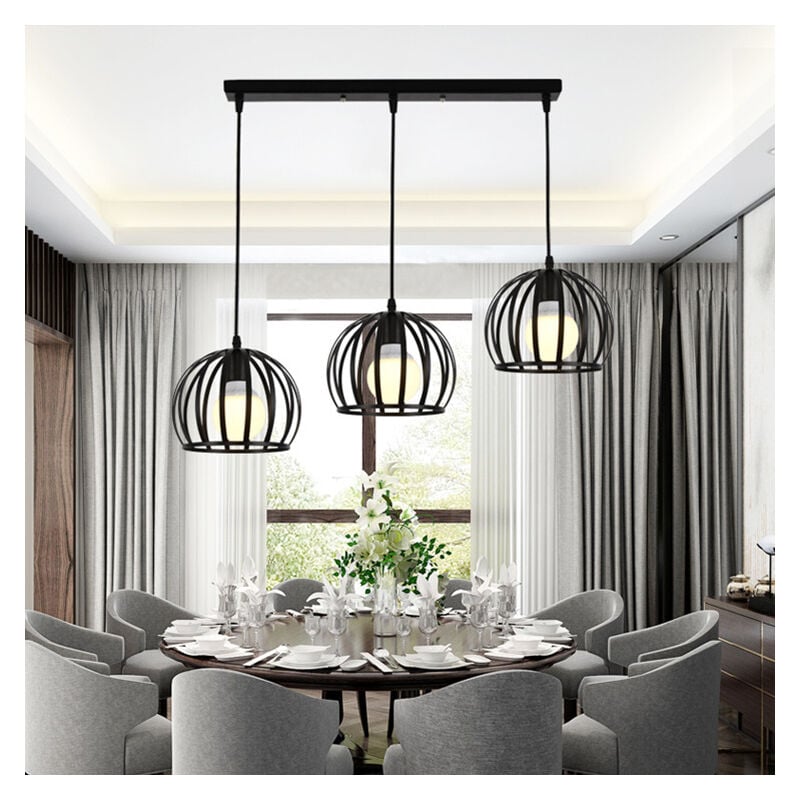 Axhup - Lámpara Colgante, Ø19cm Jaula Redondo, Industrial Estilo, Negro - 3 Luz con Portalámparas de Poste Largo