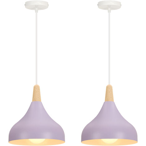 Lámpara Colgante 2 Piezas, Moderna Lámpara de Techo con Ø20cm Cúpula Pantalla de Madera y Metal, Iluminación Decor Art Luz E27 para Dormitorio Cocina Comedor Cafe (Púrpura)