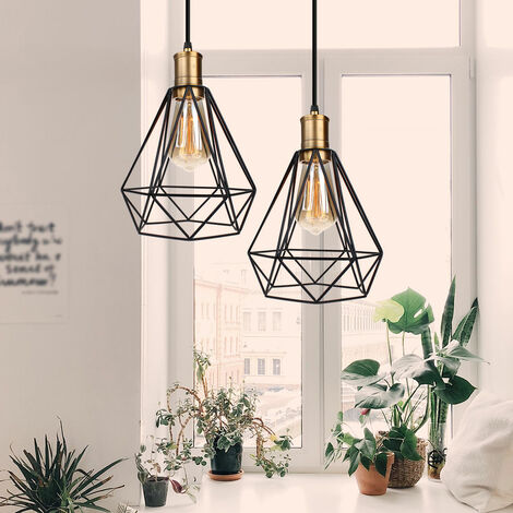 Lámpara Colgante 2 Piezas, Vintage Lámparas de Techo Ø20cm Diseño de Jaula de Diamante, Industriale Luminaria de Techo con Base de Bronce E27 para Dormitorio Salon Cocina Comedor (Negro)