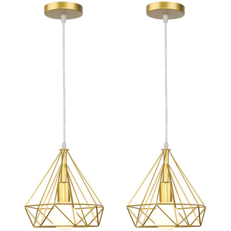 Lámpara Colgante 2 Piezas, Vintage Lámparas de Techo con Ø25cm Jaula de Diamante, Industriale Luminaria de Techo de Planchar E27 para Dormitorio Salon Cocina Comedor (Oro)