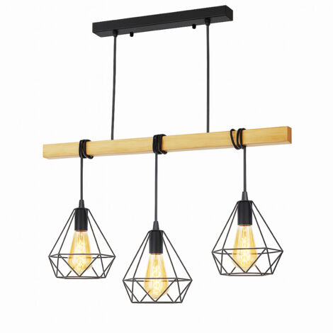 Lámpara colgante 3 luces madera metal jaula negra E27