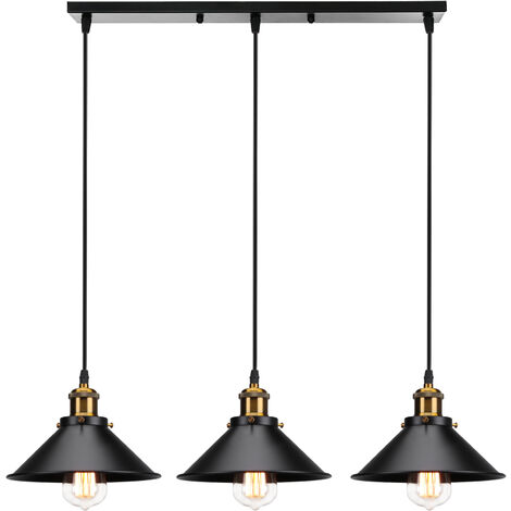 Lámpara Colgante, 3 Luces Vintage Industrial Lámpara de Techo con Ø22cm Pendiente de Hierro, Edison Luz E27 Base para Dormitorio Cocina Comedor Cafe Bar (Negro)