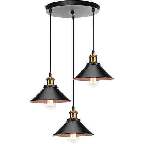 Lámpara Colgante, 3 Luces Vintage Industrial Lámpara de Techo con Ø22cm Pendiente, Iluminación Metal Edison E27 Base para Dormitorio Cocina Comedor Cafe (Negro y Blanco)