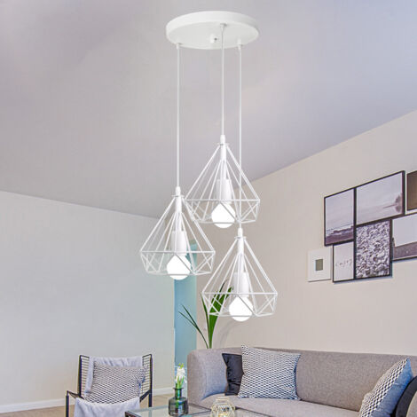 Lámpara Colgante, 3 Luces Vintage Lámparas de Techo con Ø20cm Jaula de Diamante, Industriale Luminaria de Techo de Planchar E27 para Dormitorio Salon Cocina Comedor (Blanco)