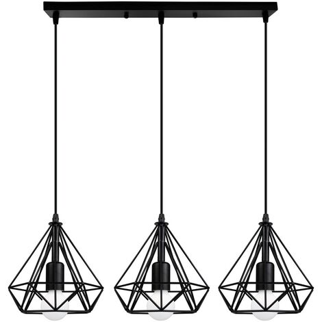 Lámpara Colgante, 3 Luces Vintage Lámparas de Techo con Ø20cm Jaula, Industriale Luminaria de Techo Diamante E27 para Dormitorio Salon Cocina Comedor (Negro)