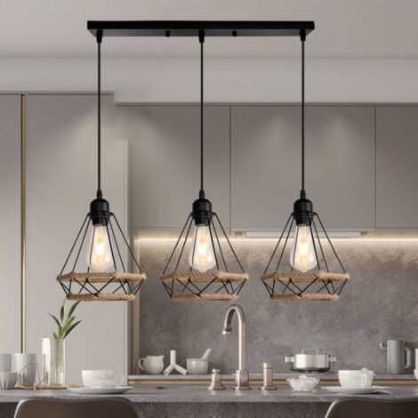 Lámpara Colgante, 3 Luces Vintage Lámparas de Techo con Ø20cm Pantalla, Industriale Cuerda de Cáñamo Luminaria de Techo Diamante E27 para Dormitorio Salon Cocina Comedor (Negro)