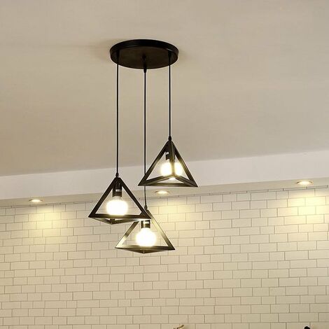 Lámpara Colgante, 3 Luces Vintage Lámparas de Techo con Jaula Triángulo, Iluminación Creativo Decorativo E27 para Pasillo Porche Dormitorio Sala Cafetería Bar (Negro)