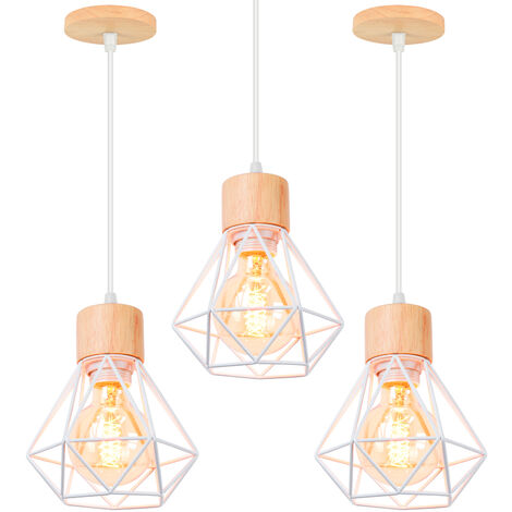 Lámpara Colgante 3 Piezas, Vintage Lámparas de Techo Ø16cm Diseño de Jaula de Diamante, Industriale Luminaria de Techo E27 para Dormitorio Salon Cocina Comedor (Blanco Madera)