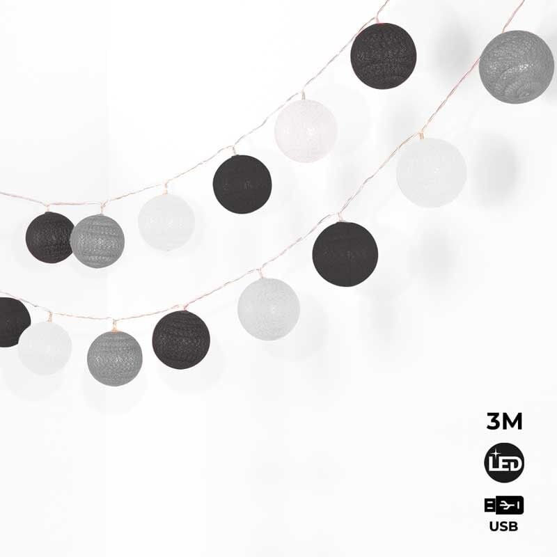 

Cadena Luminosa LED 24 guirnalda Bolas con USB 3m-IP44-7cm | gris, blanco, negro