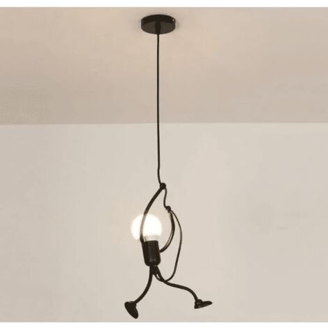 Lámpara colgante creativa moderna con pequeñas figuras de dibujos animados negras, adecuada para el dormitorio de un niño, D26 × H140 cm, casquillo E27
