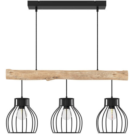Lámpara colgante de 3 luces en madera de eucalipto y metal negro - Abby