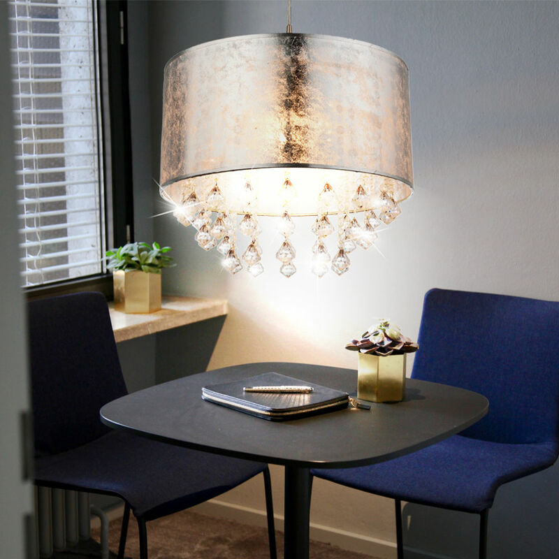 

Lámpara colgante de cristal péndulo textil iluminación dormitorio plafón plata Globo 15188H3