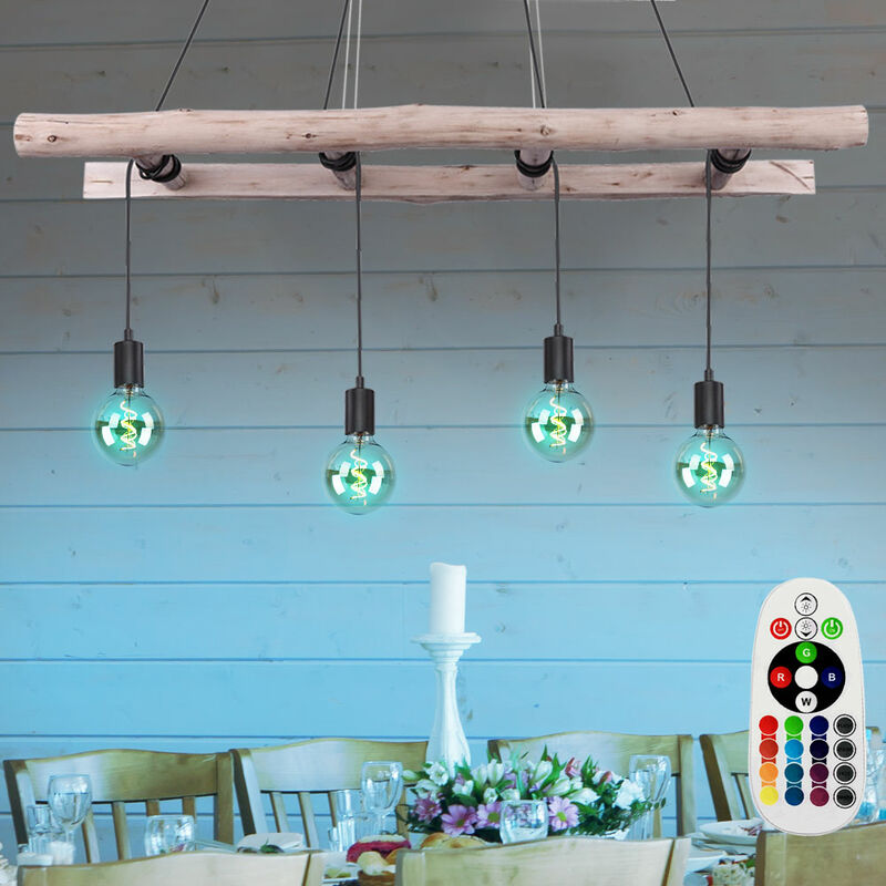 

Lámpara colgante de péndulo de madera retro DIMMABLE Lámpara colgante CONTROL REMOTO en un juego que incluye bombillas LED RGB