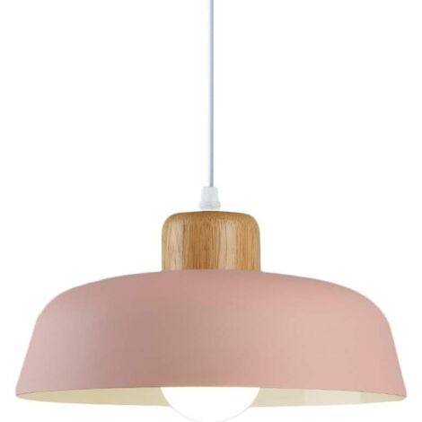 Lámpara colgante de metal redonda, sencilla y moderna de estilo nórdico Ineasicer, E27, efecto madera, color brillante, ideal para cocina, dormitorio y salón (rosa)