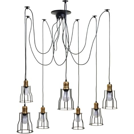 Lámpara colgante de suspensión candelabro regulable en altura en metal estilo industrial negro 7x pantalla jaula 040004043