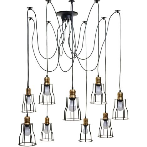 Lámpara colgante de suspensión candelabro regulable en altura en metal industrial negro pantalla jaula 9x 040004044