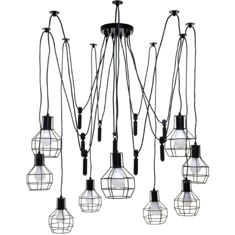 Lámpara colgante de suspensión regulable en altura en metal industrial negro pantalla celosía 9x 040004057