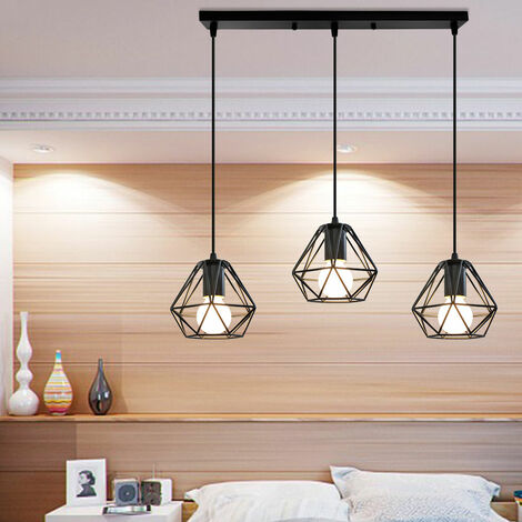 Lámpara Colgante de Techo, Ø16cm Jaula de Diamantes, Industrial Estilo, E27 Base Negro - 3 Luz con Portalámparas de Poste Largo