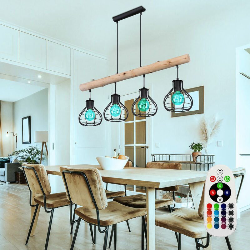 

Lámpara colgante de techo pendular con control remoto, barra de madera clara regulable en un juego que incluye bombillas LED RGB
