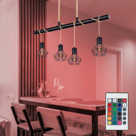 Lámpara colgante de techo con forma de jaula y control remoto. Lámpara de cuerda de cáñamo regulable en un set con bombillas LED RGB.