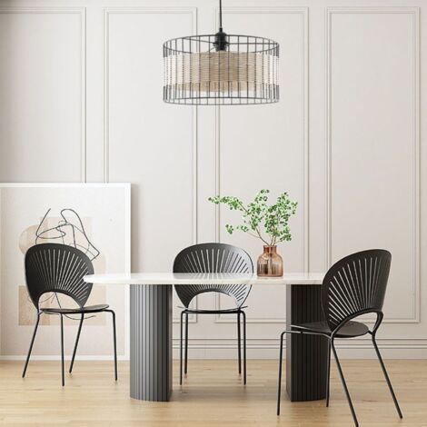Lámpara Colgante de Techo con Tulipa de Metal Negro y Ratán: Elegancia y Estilo Natural