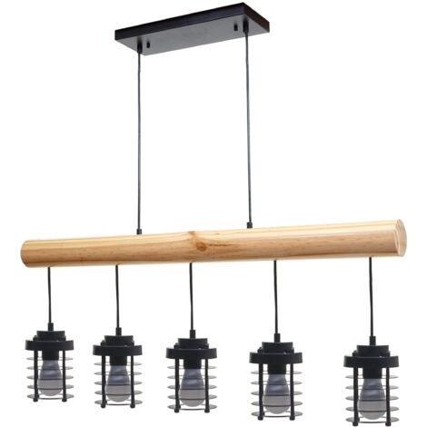 Lámpara colgante de techo estilo industrial vintage madera maciza metal negro 5 portalámparas 040004051