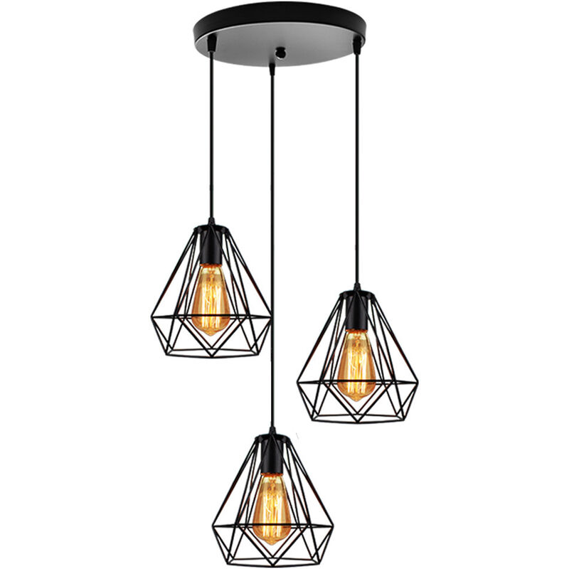 

Lámparas de Colgar Diseño Jaula de Hierro Metal Lampara Colgante Forma Diamantes Ø20CM 3 Portalámparas para Cocina Sala Pasillo Comedor Bar (Negro)